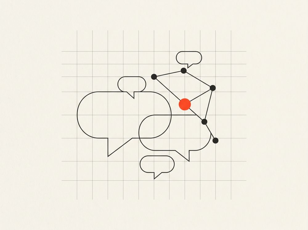 Visualisation abstraite d'un agent IA de support reliant des bulles de conversation à un réseau de nœuds
