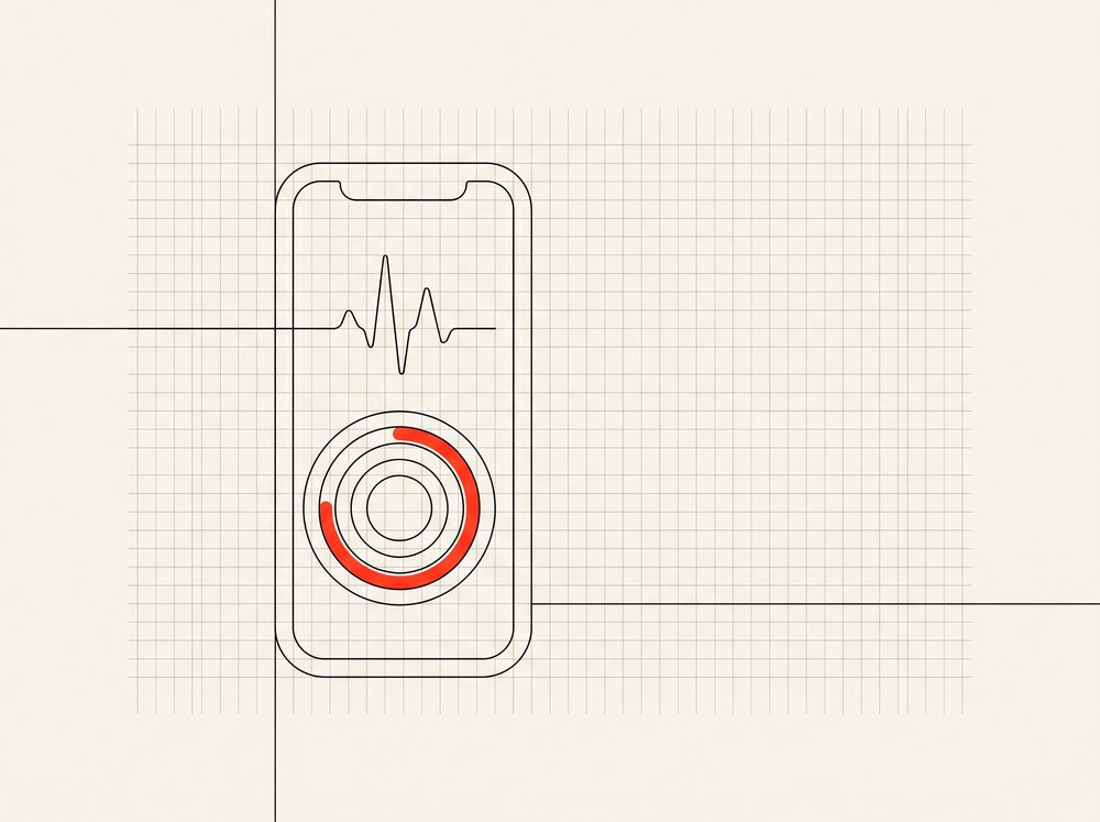 Visualisation abstraite d'une application mobile santé avec pulsation et anneaux d'activité